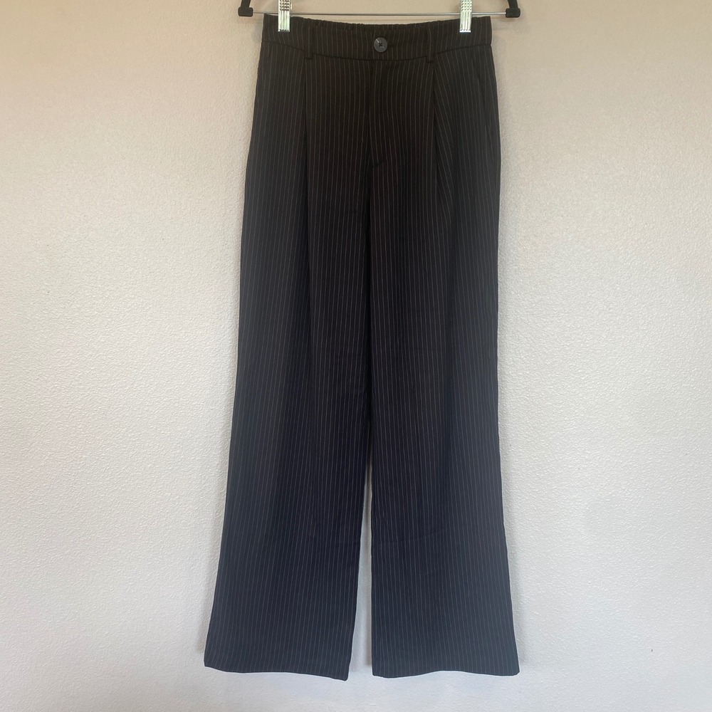 Stradivarius Black Pinstripe Wide Leg Pleated Trousers High Waist Size 4